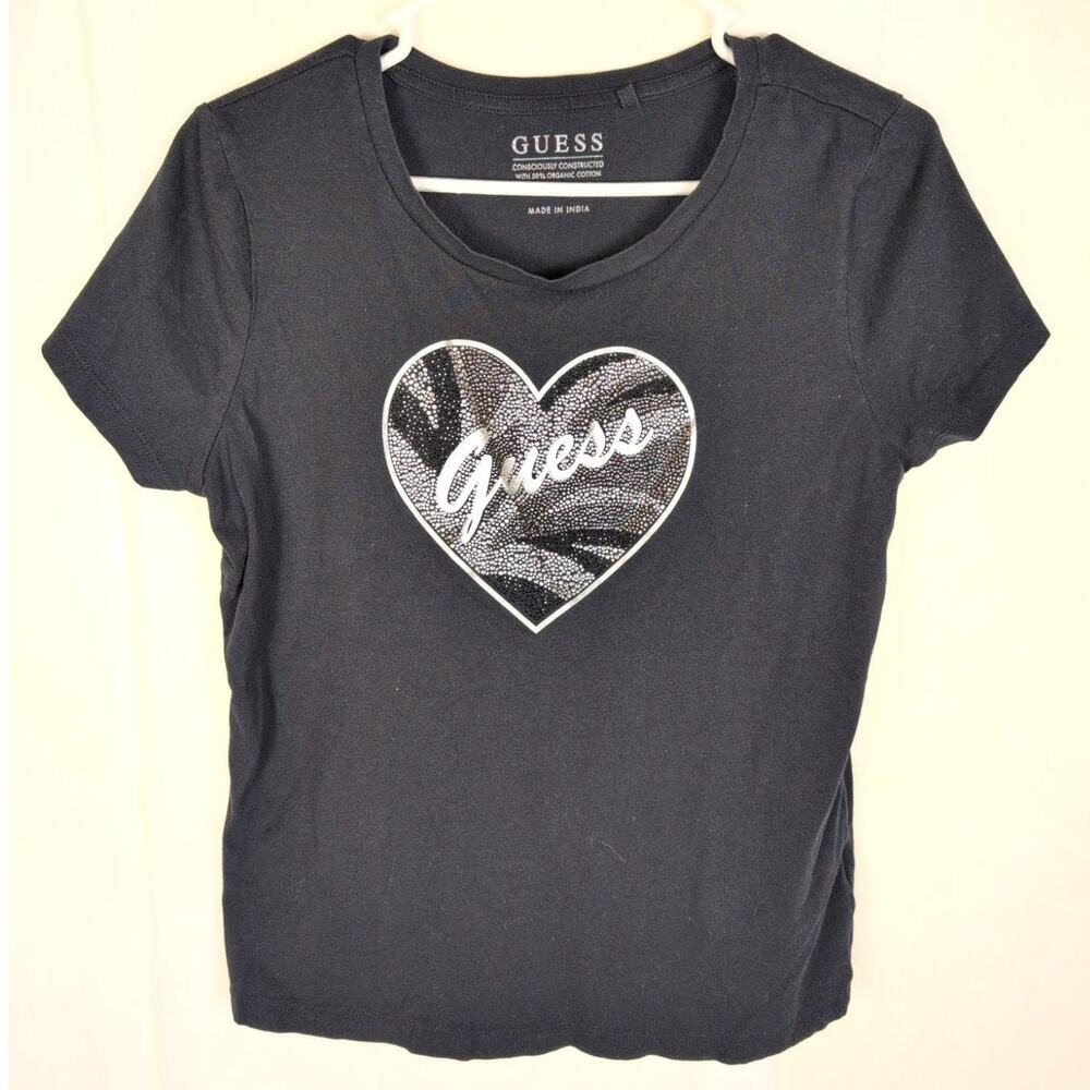 Guess black rhinestone heart logo graphic tshirt Size XL Y2K Retro Casual Glam